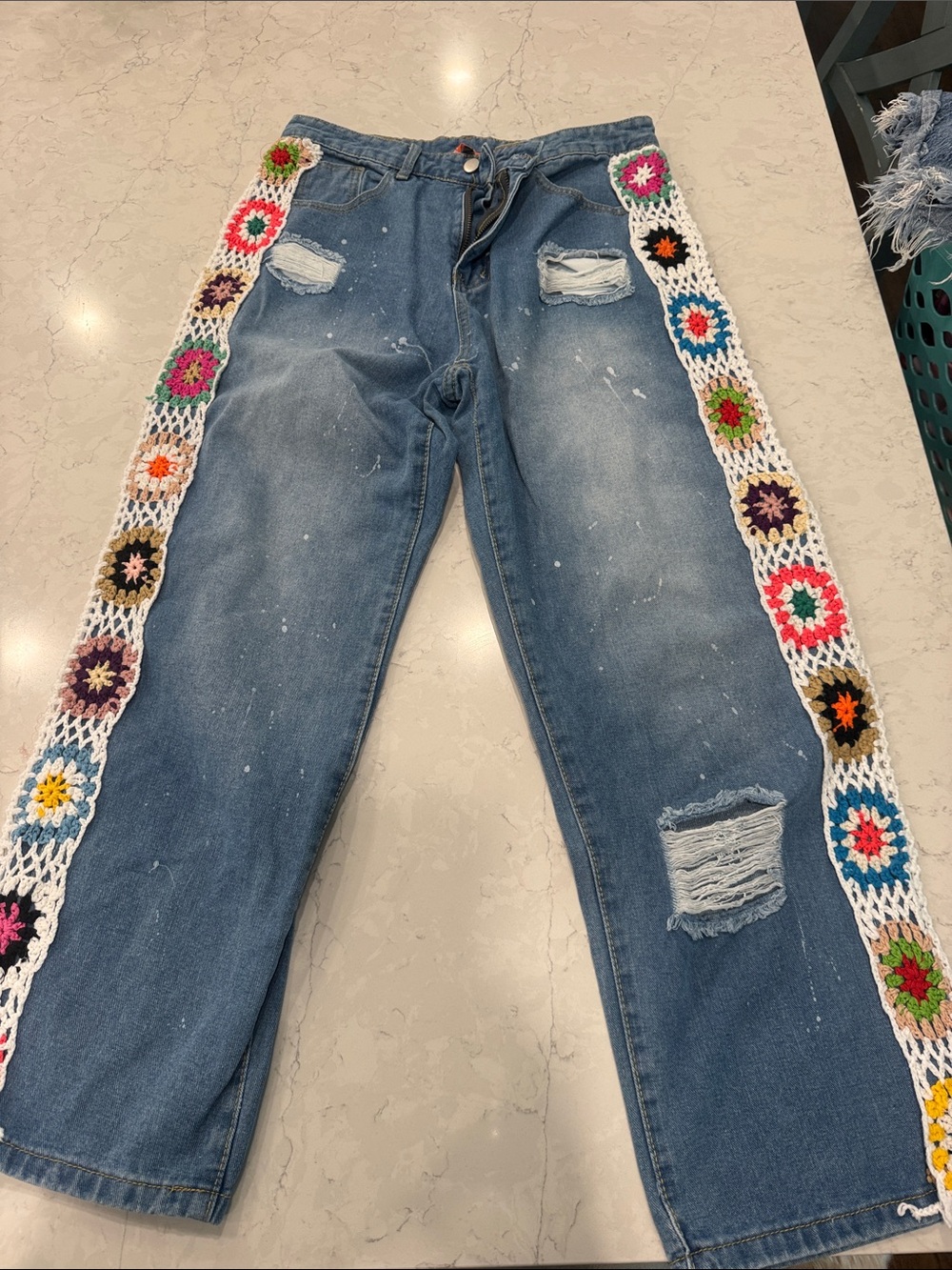 Blue Crocheted-Trim Straight Leg Women's Jeans